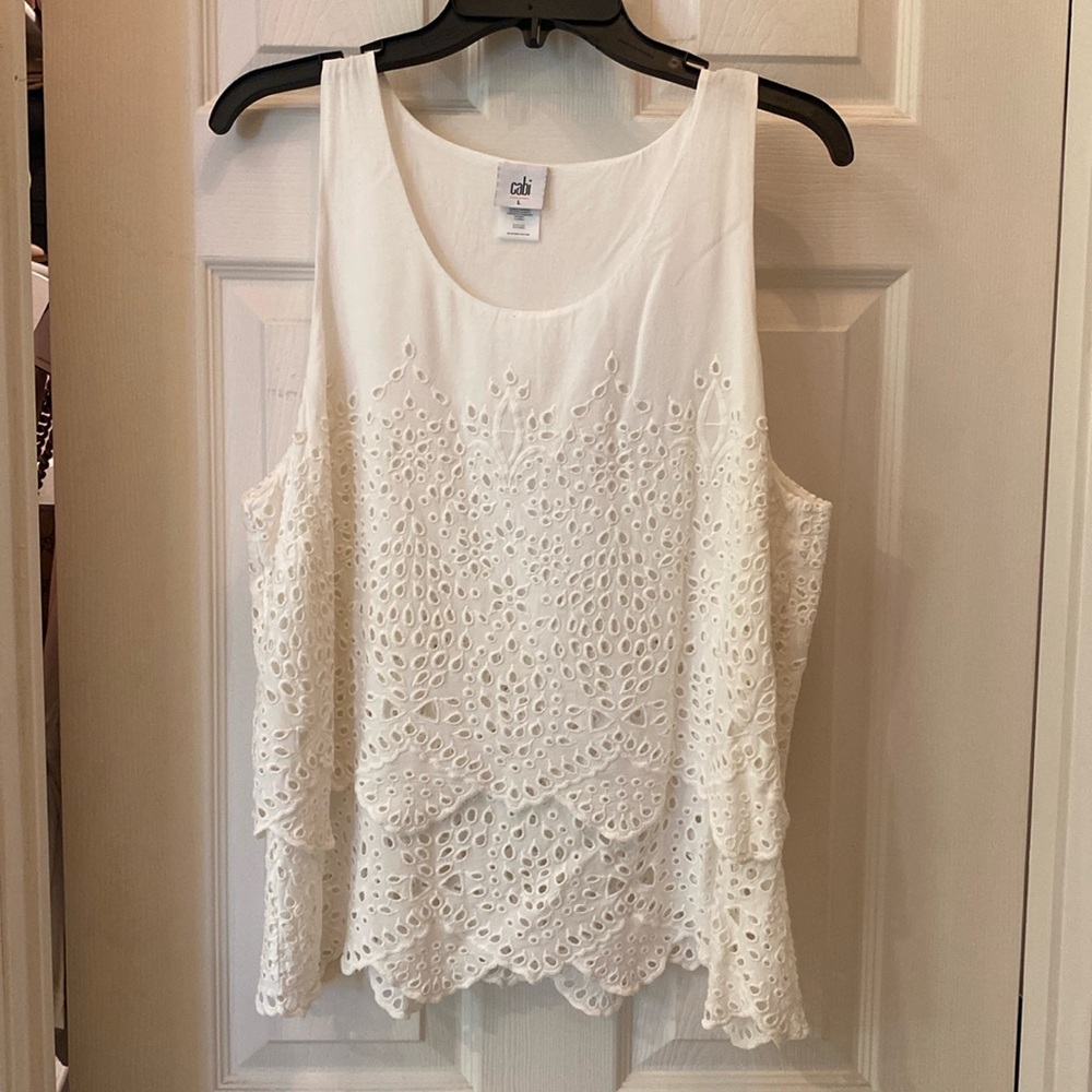 White eyelet lace tank top.